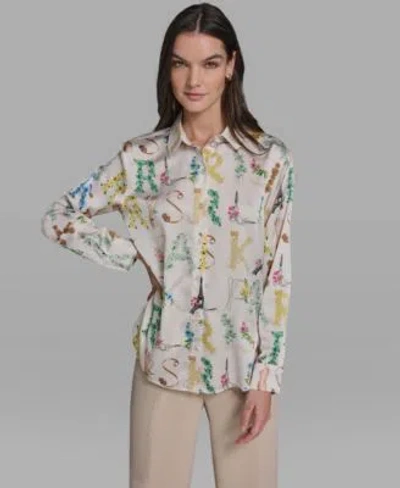 Karl Lagerfeld Womens Allover Print Button Down Long Sleeve Top In Multi