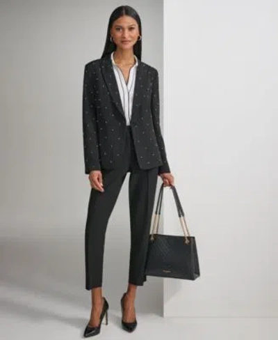 Karl Lagerfeld Womens Bead Embellished Single Button Blazer Contrast Trim Scalloped Cuff Blouse Slim Leg Ankle Pant In Black