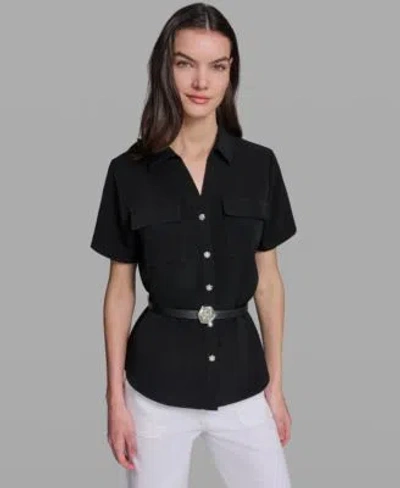 Karl Lagerfeld Womens Belted Short Sleeve Top In Black