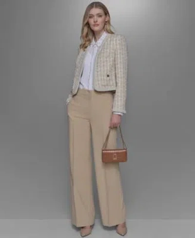 Karl Lagerfeld Womens Button Down Blouse Pleat Front Pants Tweed Open Front Jacket In Buff Metallic