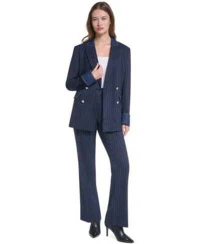 Karl Lagerfeld Womens Button Front Collared Blazer Striped Straight Leg Denim Waistband Pants In Multi
