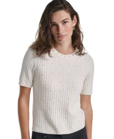Karl Lagerfeld Womens Cable Knit Crewneck Short Sleeve Sweater In White