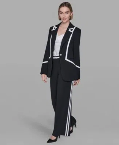 Karl Lagerfeld Womens Collar Contrast Trim Blazer High Rise Contrast Band Pants In Black