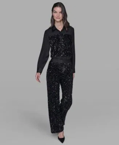 Karl Lagerfeld Womens Collar Sequin Detail Top Sequin Detail Pants In Black