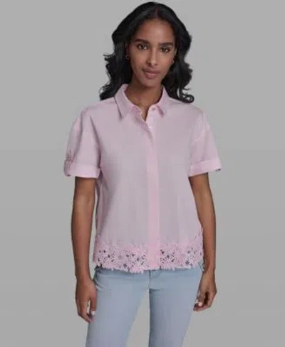 Karl Lagerfeld Womens Collared Lace Trimmed Short Sleeve Blouse In Pink