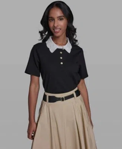 Karl Lagerfeld Womens Collared Short Sleeve Blouse Top In Black
