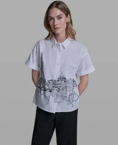 Karl Lagerfeld Womens Collared Short Sleeve Poplin Shirt In White