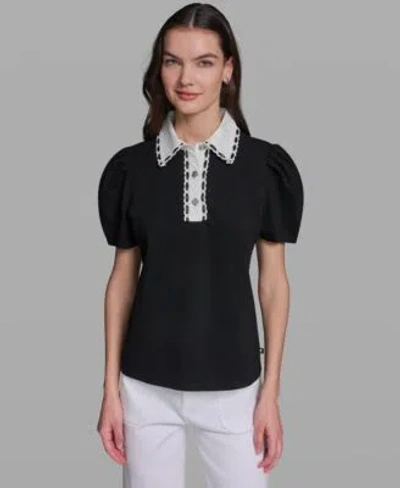 Karl Lagerfeld Womens Collared Short Sleeve Top In Black