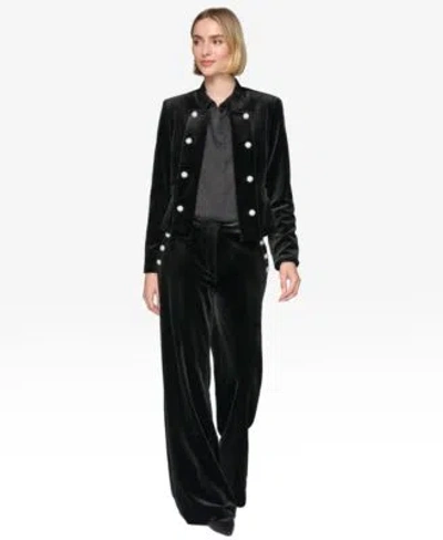 KARL LAGERFELD WOMENS COLLARLESS OPEN FRONT JACKET STRAIGHT VELVET PANTS EMBROIDERED VELVET SHORT SLEEVE TOP