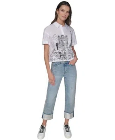 Karl Lagerfeld Womens Cotton Crop Paris Scene Button Front Top High Rise Embellished Jeans In White