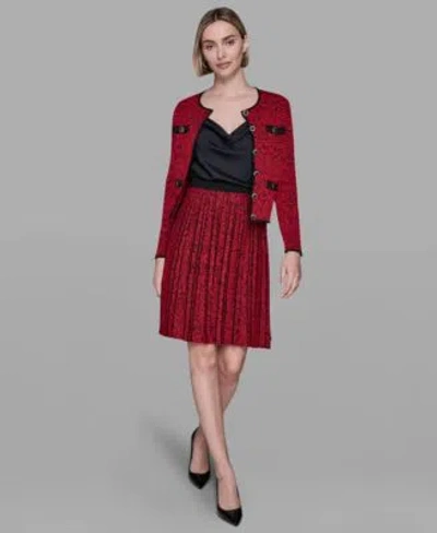 Karl Lagerfeld Womens Crewneck Pocket Detail Cardigan Pull On Pleated Sweater Skirt In Red
