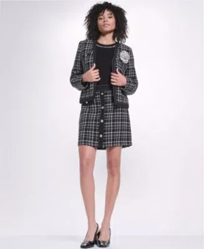Karl Lagerfeld Womens Cropped Open Front Jacket Short Sleeve Crewneck Sweater Knee Length Pencil Skirt In Gray