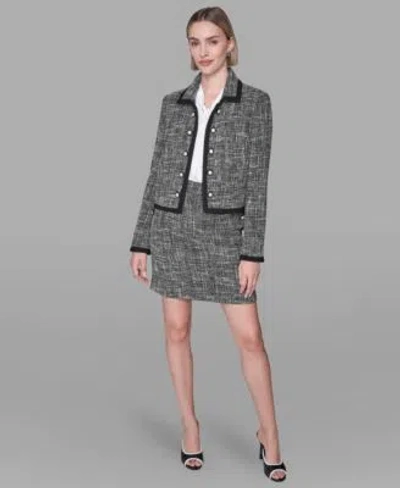 Karl Lagerfeld Womens Cropped Open Front Tweed Jacket Long Sleeve Top Knee Length Tweed Skirt In Gray
