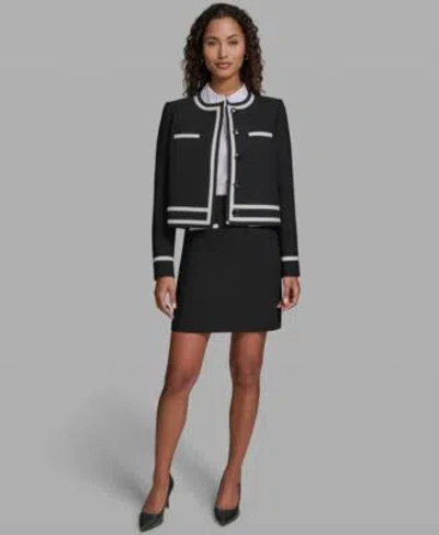Karl Lagerfeld Womens Cropped Round Neck Jacket Button Front Long Sleeve Top Woven Mini Skirt In Black