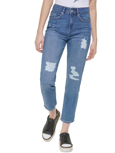 Karl Lagerfeld Womens Distressed Denim Straight Leg Jeans In Blue