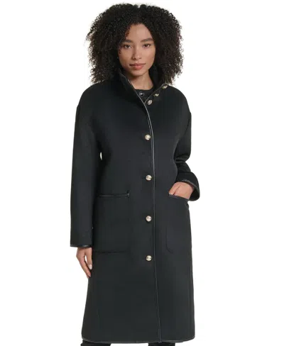 Karl Lagerfeld Womens Double Faced Faux-leather Trimmed Funnel Neck Coat In Black