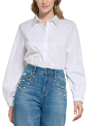 Karl Lagerfeld Womens Embellished Button-down Top In White