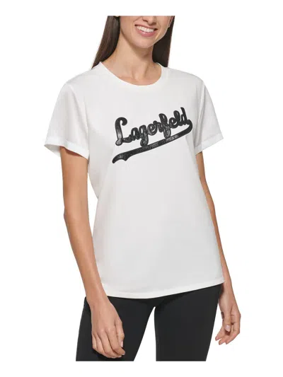 Karl Lagerfeld Womens Embossed Logo Round Neck Graphic T-shirt In White