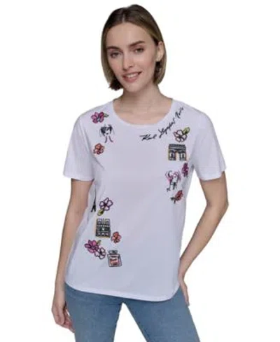 Karl Lagerfeld Womens Embroidered Graphic T Shirt Xs P Xl