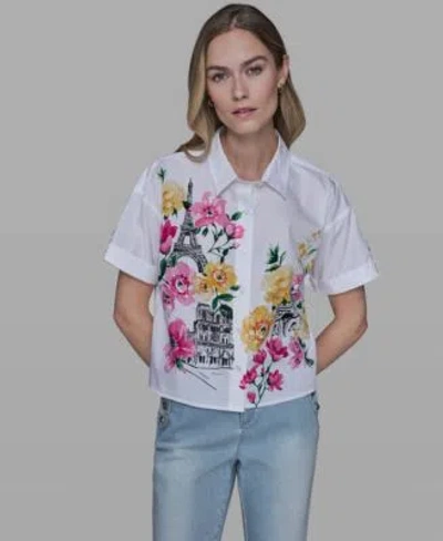Karl Lagerfeld Womens Floral Collared Neck Blouse In White