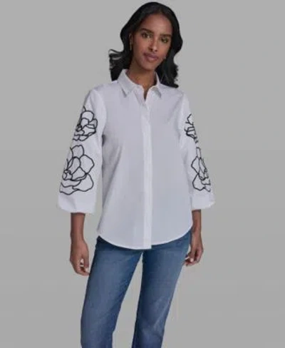 Karl Lagerfeld Womens Floral Detailed Collared Blouse In White