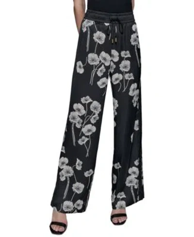 Karl Lagerfeld Womens Floral Print Drawstring Pants Xs P Xl In Black