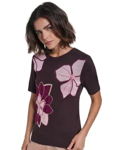 Karl Lagerfeld Womens Floral Print Short Sleeve Embellished Sweater In Brown