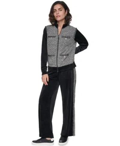 Karl Lagerfeld Womens Full Zip Mock Neck Tweed Sweater Velour Tweed Side Tape Mid Rise Joggers In Black
