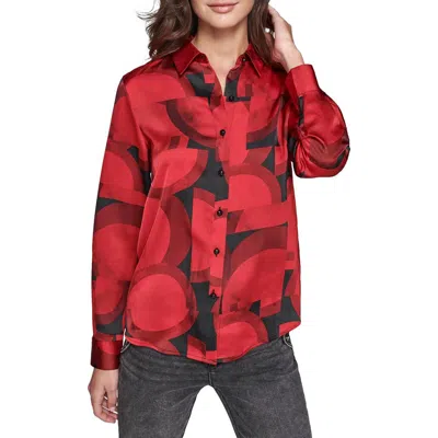 Karl Lagerfeld Womens Geometric Satin Button-down Top In Admiral Red