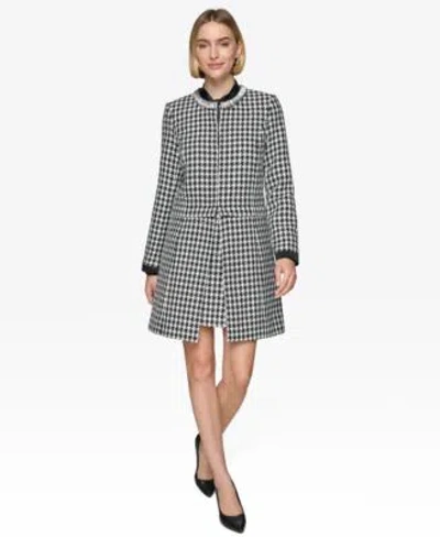 Karl Lagerfeld Womens Houndstooth Zipped Jacket Houndstooth Miniskirt Tie Neck Long Sleeve Satin Blouse In Black,soft White