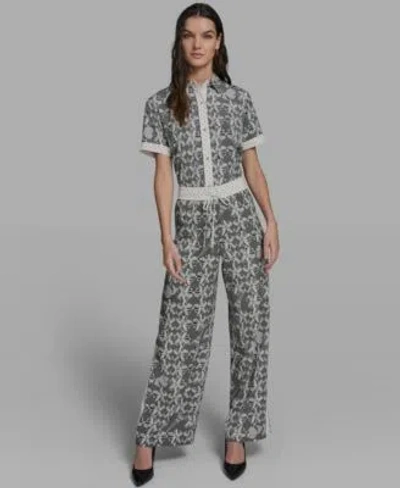 Karl Lagerfeld Womens Lace Detail Camp Shirt Lace Print Soft Pull On Pants In Gray