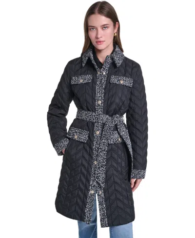 Karl Lagerfeld Womens Long Quilted Tweed-trim Coat In Black