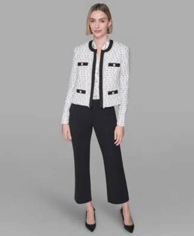 Karl Lagerfeld Womens Long Sleeve Contrast Tweed Jacket Sleeveless Printed Top Ankle Straight Pants In Multi