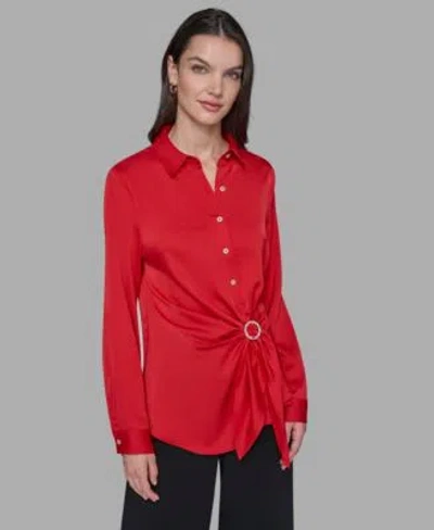 Karl Lagerfeld Womens Long Sleeve Surplice Ring Detail Top P Xs Xl In Red