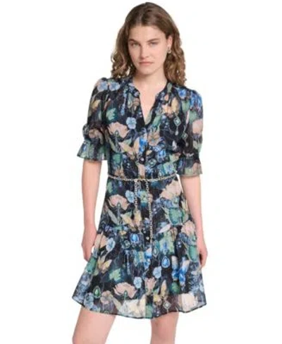 Karl Lagerfeld Womens Metallic Crinkle Chain Belt Button Front Dress In Animal Print