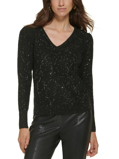 Karl Lagerfeld Womens Metallic V-neck Pullover Sweater In Black