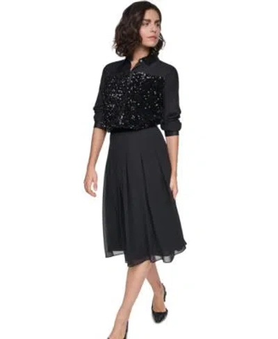 Karl Lagerfeld Womens Mixed Media Sequin Long Sleeve Collared Blouse  Paris Womens Pleated High Waist In Black