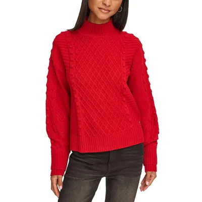 Karl Lagerfeld Womens Mock-neck Cable Knit Pullover Sweater In Red