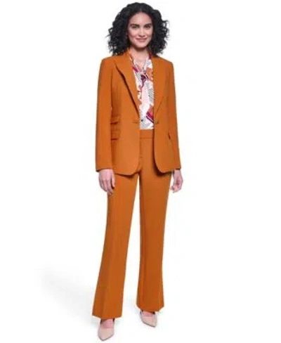 Karl Lagerfeld Womens Notch Lapel Woven Blazer Sleeveless Printed Tie Neck Blouse Full Length Mid Rise Flare Pants In Brown