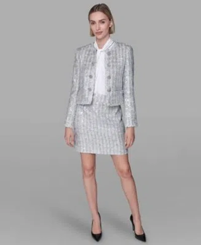 Karl Lagerfeld Womens Novelty Button Front Jacket Sleeveless Cut Sew Top Novelty Mini Skirt In Gray