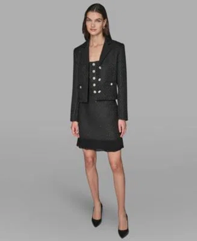 Karl Lagerfeld Womens Novelty Cropped Button Front Jacket Button Detail Top Pleated Mini Skirt In Black