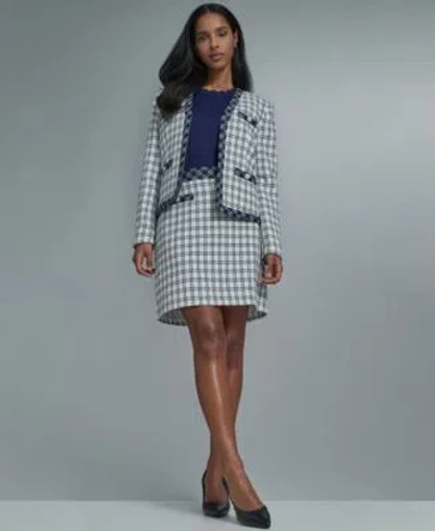 Karl Lagerfeld Womens Open Front Checkered Jacket Crew Neck Knit Top Knee Length A Line Skirt In Gray