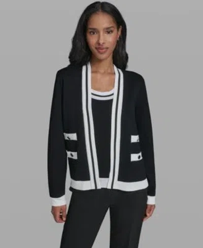 Karl Lagerfeld Womens Open Front Long Sleeve Knit Cardigan With Contrast Trim In Soft White,black