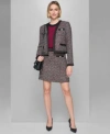 Karl Lagerfeld Womens Open Front Tweed Jacket Crewneck Sleeveless Sweater Faux Pocket Mini Tweed Skirt In Black,white,barolo Wine