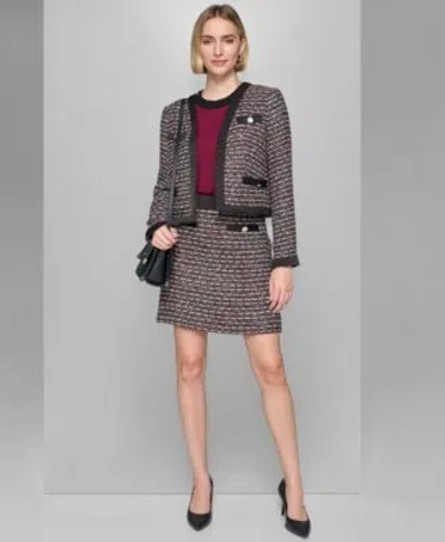 Karl Lagerfeld Womens Open Front Tweed Jacket Crewneck Sleeveless Sweater Faux Pocket Mini Tweed Skirt In Black,white,barolo Wine