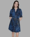Karl Lagerfeld Womens Printed Chain Belt Ruffle Sleeve Dress 2p 16 In Blue