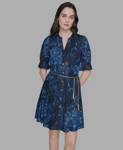Karl Lagerfeld Womens Printed Chain Belt Ruffle Sleeve Dress 2p 16 In Blue