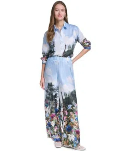Karl Lagerfeld Womens Printed Collared Neck Blouse Paris Scene Printed Pull On Pants In Blue