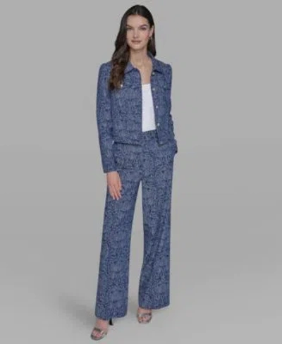 Karl Lagerfeld Womens Printed Denim Button Front Jacket Wide Leg Pants In Blue