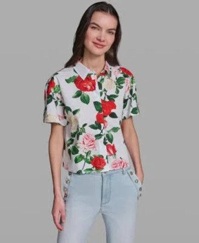 Karl Lagerfeld Womens Printed Short Sleeve Camp Shirt In Multi